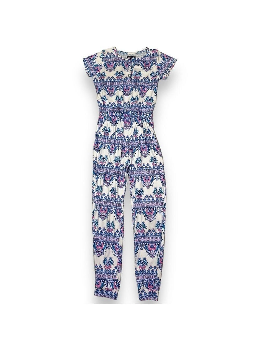 Limited Too Girl’s Short Sleeve Jumpsuit White Blue Pink Pattern Size XL (12)